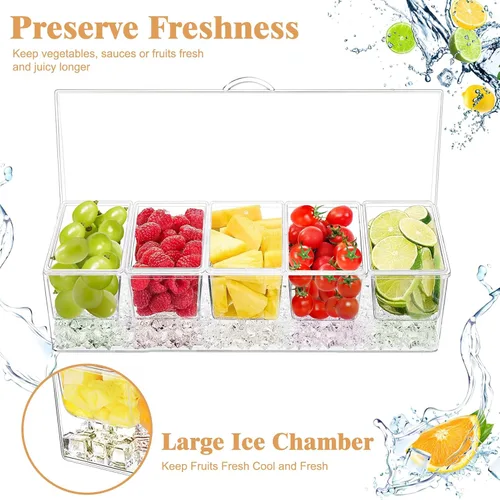 Vista 4 de Servidor de condimentos de 5 compartimentos, recipientes de condimentos enfriados con hielo, bandeja transparente para servir condimentos sobre