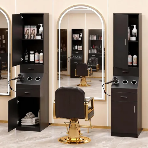Vista 9 de OmySalon Estación de peluquería, estaciones de peluquería con estante de almacenamiento de 2 niveles con puerta, gabinete de almacenamiento