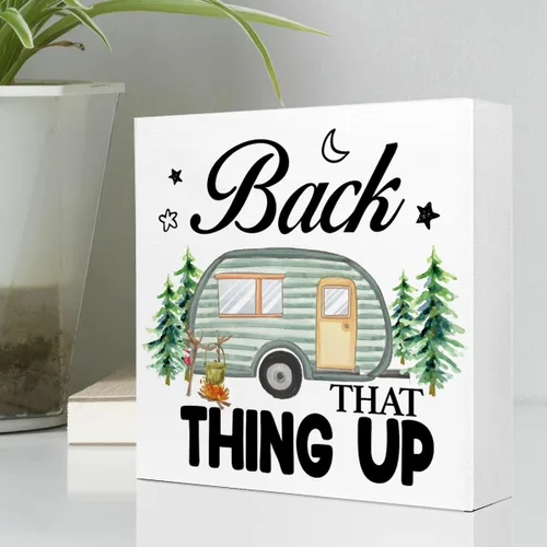 Vista 3 de Back That Thing Up - Cartel divertido de placa de madera para campamento, con cita rústica, bloque de madera para el hogar, cámper, decoración