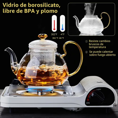 Vista 6 de Tetera de vidrio de gran capacidad con infusor extraíble, apta para estufa, vidrio de borosilicato grueso resistente al calor, 46 onzas líquidas
