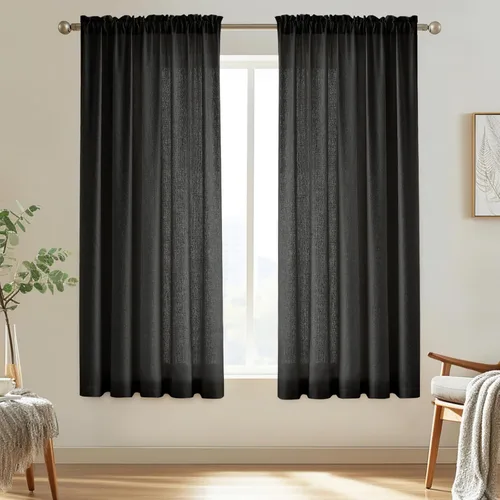 Vista 18 de Melodieux Cortinas de Niveles Semitraslúcidas Negras de 24 Pulgadas de Largo para Cocina, Cafetería, Dormitorio, Ventanas Pequeñas, Aspecto de Lino