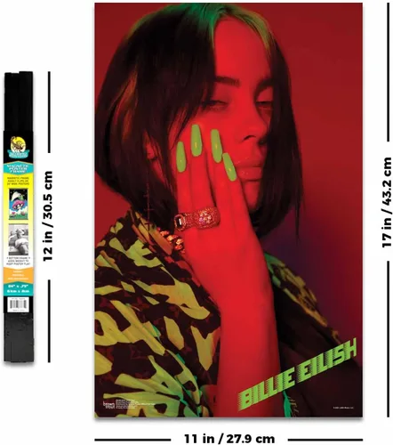 Vista 4 de Scorpio Posters Billie Eilish - Rojo - Licencia oficial - Mini póster - 11 x 17 pulgadas - con soporte para póster de madera negra