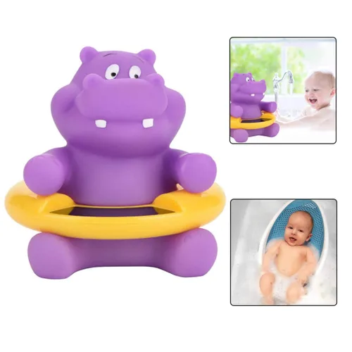 Vista 2 de Termómetro de baño para bebé, lindo hipopótamo, termómetro digital, juguete flotante púrpura