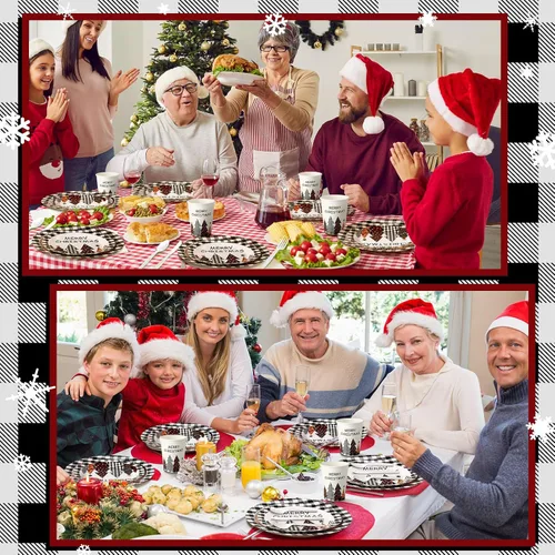 Vista 6 de Dandat 400 piezas de platos y servilletas desechables de Navidad, juego de suministros para fiesta de Navidad de vajilla desechable para 50