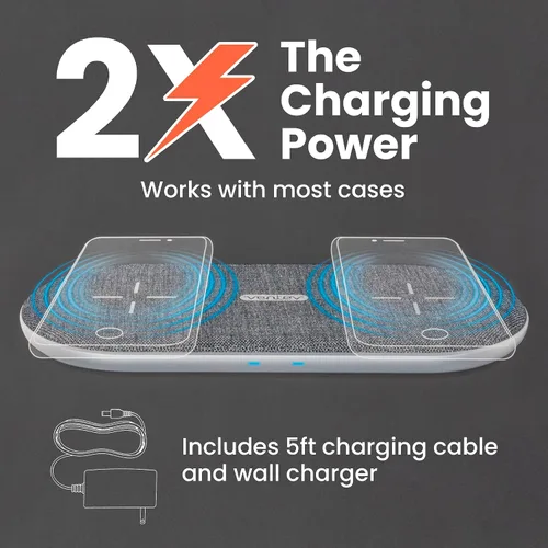 Vista 2 de Ventev Cargador inalámbrico Duo con tecnología Qi Estación de carga rápida Samsung y Apple para dos teléfonos a la vez Funciona como cargador