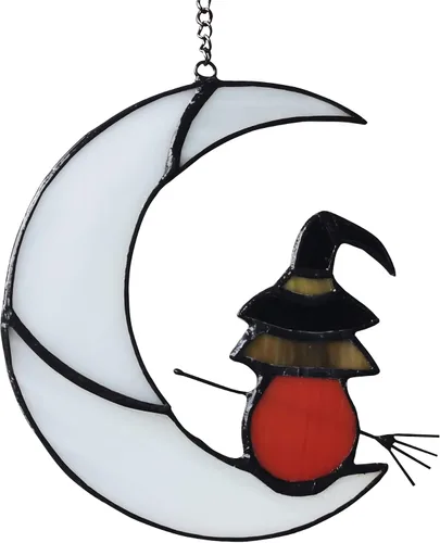 Vista 8 de Decoración de gato negro en luna blanca con vitrales colgantes para ventanas, paneles de ventanas, atrapasoles, adorno de Halloween, regalo