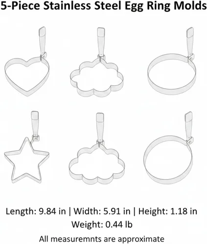 Vista 7 de 5-Piece Stainless Steel Egg Ring Molds Set for Fried Eggs, Pancakes & Breakfast Sandwiches - Heart, Star, Flower, Round & Oval Shapes
