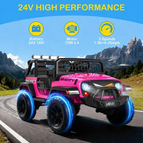 Vista 2 de JOYSTROLL Auto de paseo de 2 plazas de 24 V para niños grandes, auto para A-pink