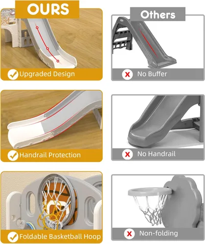 Vista 5 de YUFU Conjunto de Tobogán 9 en 1 para Niños Pequeños, Tobogán para Niños de 1-3 Años, Conjunto de Juegos para Niños Pequeños con Aro de Baloncesto