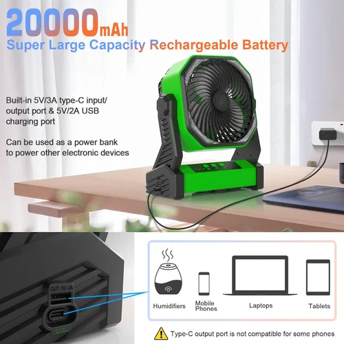 Vista 3 de Gewanolla Ventilador recargable portátil con luz LED, ventilador de campamento con batería de 20000 mAh con gancho, pivote de 270°, 4 velocidades