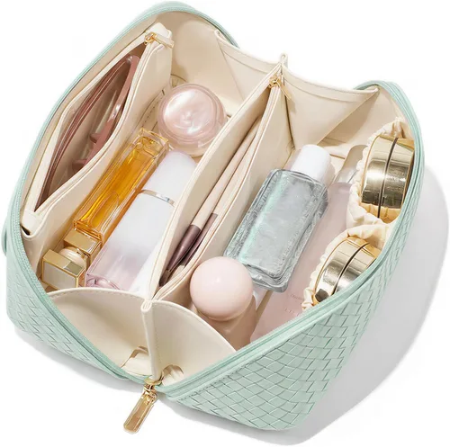 Vista 21 de Bolsa de cosméticos de viaje de gran capacidad - Bolsas de maquillaje portátiles para mujeres, impermeable, de cuero PU a cuadros, con organizador