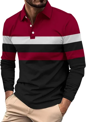 Vista 14 de Camisas polo de manga larga con estampado a rayas para hombre, camiseta de golf para exteriores, cuello en V, camiseta clásica de negocios
