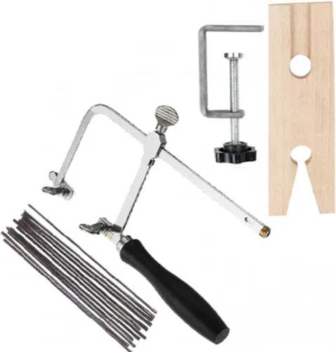 Vista 7 de Jeweler's - Marco de sierra ajustable con 144 cuchillas Kit profesional de fabricación de joyas con abrazadera de madera Juego de accesorios