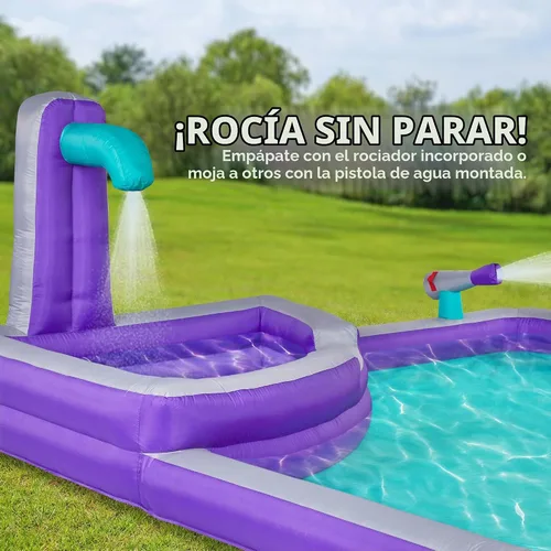 Vista 7 de Sunny & Fun - Parque inflable de cuatro esquinas, resistente para diversión al aire libre, pared de escalada, tobogán y piscina profunda, fácil