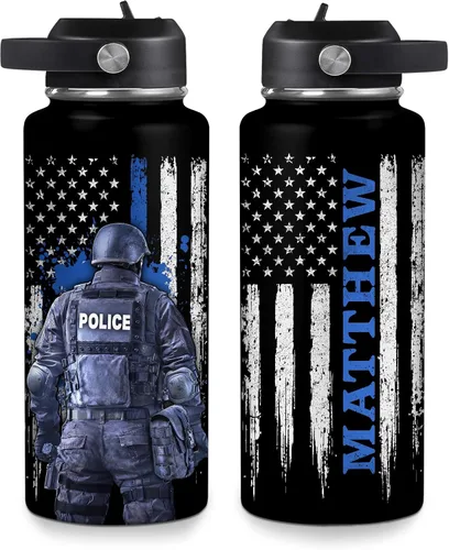 Vista 20 de Hyturtle Botella de Agua Personalizada de Policía - Botella de Acero Inoxidable Aislada con Tapa a Prueba de Fugas 18 oz, 32 oz - Regalo de Bandera