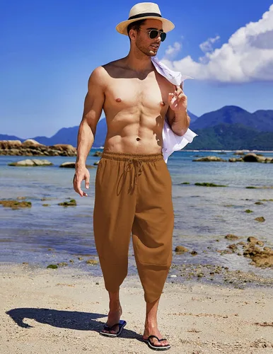 Vista 2 de COOFANDY Pantalones capri harén de lino para hombre, ligeros, sueltos, 34, con cordón elástico, cintura elástica, pantalones casuales para yoga