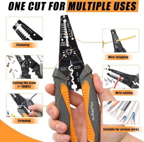 Vista 2 de MulWark Pelacables automático autoajustable 3 en 1, cortador/engarzador, alicates múltiples de 8 pulgadas para pelar cables eléctricos, corte