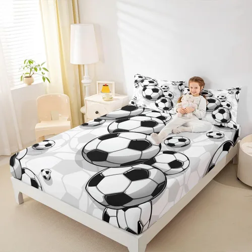 Vista 6 de Juego de ropa de cama de fútbol para niños, sábanas bajeras de fútbol para niños, niñas, adolescentes, juego de ropa de cama de fútbol dibujado a