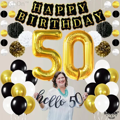 Vista 8 de KatchOn, Juego de decoración de feliz cumpleaños número 50, paquete de 48, globos dorados del número 50 de 40 pulgadas, pancarta de feliz cumpleaños