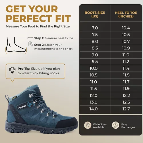 Vista 5 de Botas de senderismo Foxelli para hombre – Botas de cuero de ante impermeables, transpirables y ligeras para hombre Azul