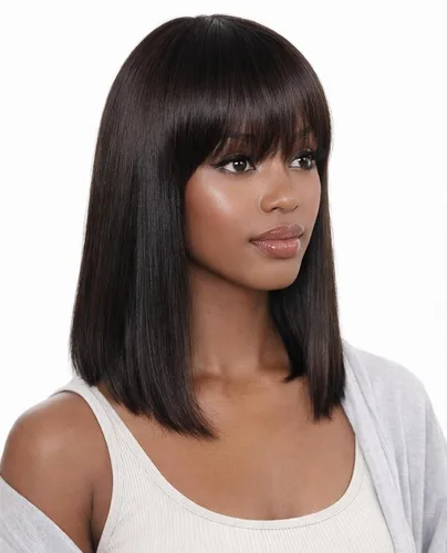 Vista 26 de Peluca de cabello humano lacio rubio 613 de 15 pulgadas con flequillo, sin pegamento, sin encaje frontal, Yaki Bob para mujer