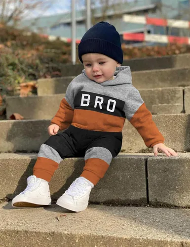 Vista 3 de Tomolant Baby Boy Clothes Long Sleeve Romper, Letter Print Hooded Sweatshirt +Patchwork Pants 2pcs Fall Winter Outfits