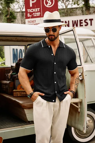 Vista 4 de GRACE KARIN Polo de punto transpirable para hombre, camisas con botones de bolos ahuecados