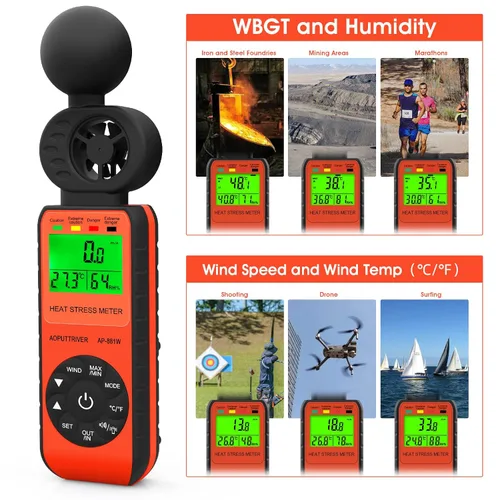 Vista 6 de Anemómetro medidor de estrés por calor, termómetro de globo de bombilla húmeda para exteriores WBGT para velocidad del viento/humedad/alarma WBGT