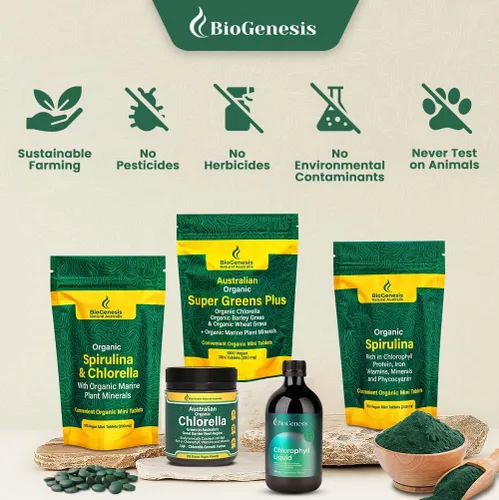 Vista 8 de Biogenesis Mini tabletas de espirulina orgánica, 300 unidades (200 mg) Algas azul-verdes cultivadas en Australia Ricas en ficocianina, clorofila