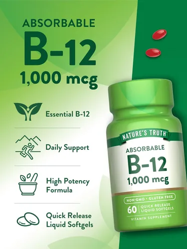 Vista 5 de Nature's Truth Vitamina B12 1000 mcg 60 cápsulas blandas Suplemento sin OMG y sin gluten
