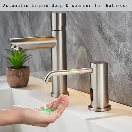 Vista 9 de Dispensador de jabón automático sin contacto para fregadero de cocina y baño, dispensador de jabón eléctrico comercial líquido de níquel cepillado