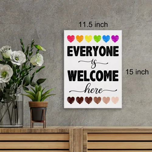 Vista 2 de Lienzo decorativo para pared con texto en inglés «Everyone Is Welcome Here Diversity» con texto en inglés «Everyone Is Welcome Here Diversity»