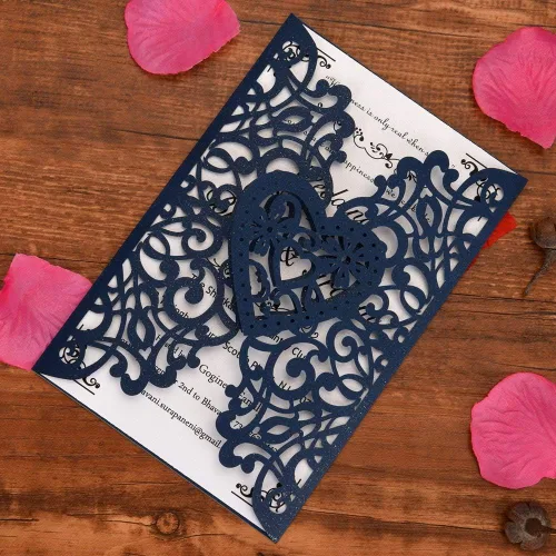 Vista 5 de FOMTOR Kit de invitaciones de boda cortadas con láser, 50 paquetes de invitaciones de boda cortadas con láser con papel imprimible en blanco y Azul