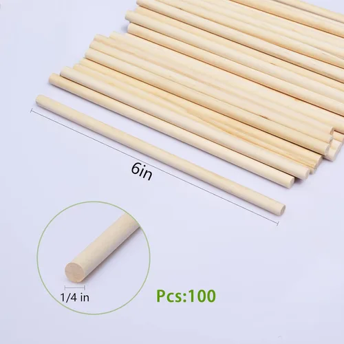 Vista 2 de Varillas de madera, 100 varillas redondas de madera de 1/4 x 6 pulgadas para manualidades, decoración del hogar, soporte de pasteles, accesorios