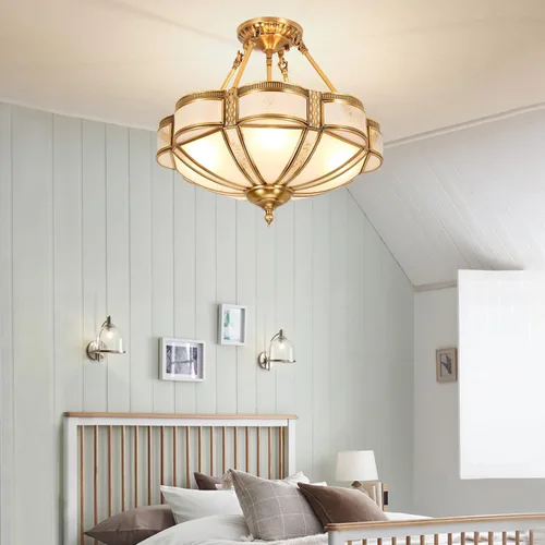 Vista 5 de Lámpara de techo de latón de 4 luces semiempotrada, candelabro dorado para comedor, lámpara de techo de vidrio esmerilado, luz empotrada moderna