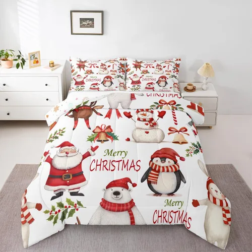 Vista 13 de Erosebridal Juego de edredón de Feliz Navidad, tamaño individual, divertido edredón de Papá Noel para niños y niñas, edredón de plumón de pingüino