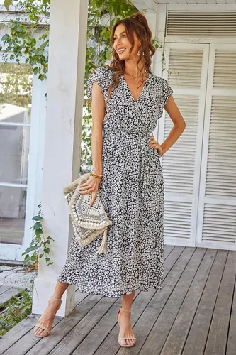 Vista 3 de PRETTYGARDEN - Vestido floral de verano para mujer cruzado con cuello en V manga corta con cinturón dobladillo con volantes acampanado vestido