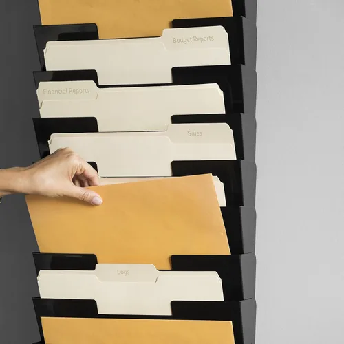 Vista 3 de Wallniture Lisbon - Soporte para archivos de pared y organizador de escritorio de 15 niveles, metal negro para organización de oficina y estante