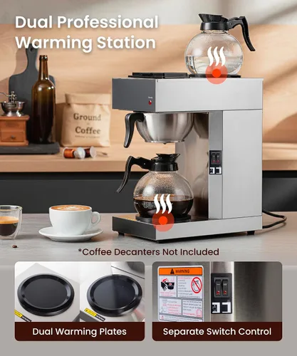 Vista 5 de SYBO Cafetera comercial de 12 tazas, cafetera de acero inoxidable industrial con 2 calentadores