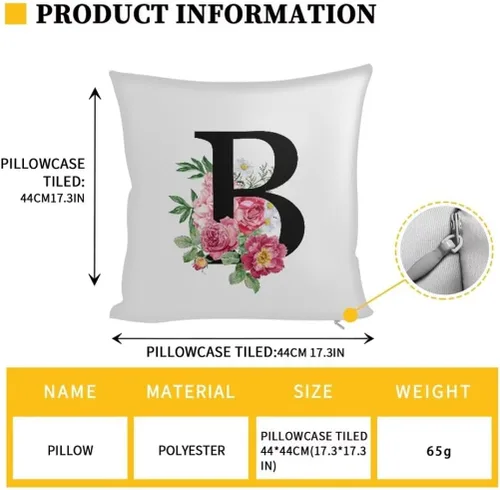 Vista 3 de Fundas de almohada decorativas del alfabeto, fundas de almohada con estampado floral de la letra B, fundas de almohada cuadradas suaves, fundas