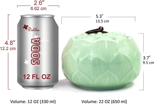 Vista 3 de Dahlia Recipiente de té de porcelana para té suelto, hermético Longquan Celadon Tea Caddy, Loto tallado 650 ML