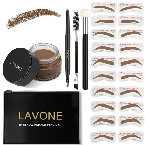 Vista 28 de LAVONE Kit de plantillas para cejas, trío de sellos para cejas con lápiz impermeable, pomada, 20 plantillas, cepillo de doble punta y aplicador