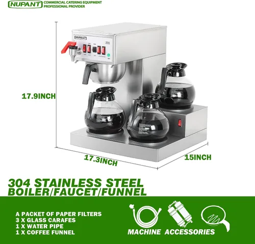 Vista 7 de NUPANT Cafetera Comercial de 12 Tazas, Cafetera Automática de Goteo con Relleno Automático y 3 Jarras de Vidrio, 3 Calentadores, Cafetera de Acero