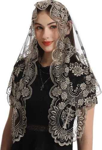 Vista 3 de Bozidol Cubierta triangular para la cabeza de la iglesia, velo de iglesia vintage bordado con cáliz cruzado para mujer