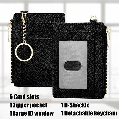Vista 2 de Cartera delgada de bolsillo, bloqueo RFID, cartera con tarjetero con grillete en D y llavero desmontable para mujer, A-Negro, Moda