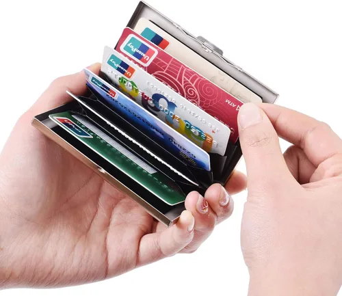 Vista 76 de BONSYL® Soporte para tarjetas de crédito, cartera delgada de metal con bloqueo RFID, con 6 ranuras para tarjetas, para mujeres y hombres.