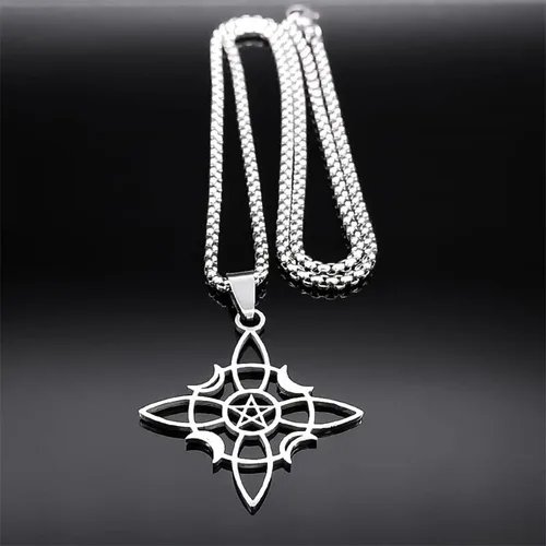 Vista 3 de Collar de nudo celta de pentagrama de bruja, collar de acero inoxidable con luna creciente y estrella, collar de joyería Wicca de acero inoxidable