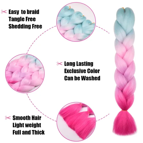 Vista 3 de BACANA Extensiones de cabello para trenzar en 4 tonos, degradado verde y rosa, extensiones de cabello colorido para trenzar, trenzas para niños
