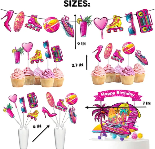Vista 3 de Encantador juego de decoración de fiesta de cumpleaños de muñeca rosa, brilla y celebra