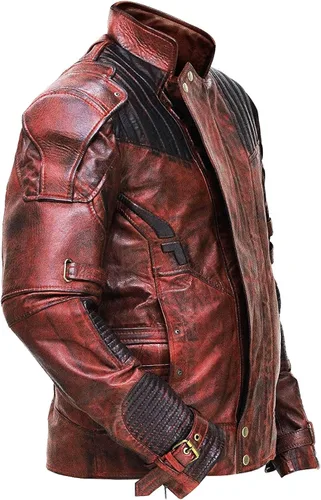 Vista 2 de Mens Distressed Maroon Star Superhero Protector King Faux Leather Galaxy Adult Costume Jacket